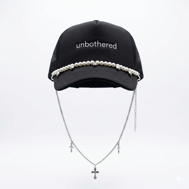 Unbothered Pearl & Cross Chain Trucker Hat