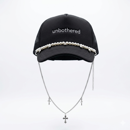 Unbothered Pearl & Cross Chain Trucker Hat