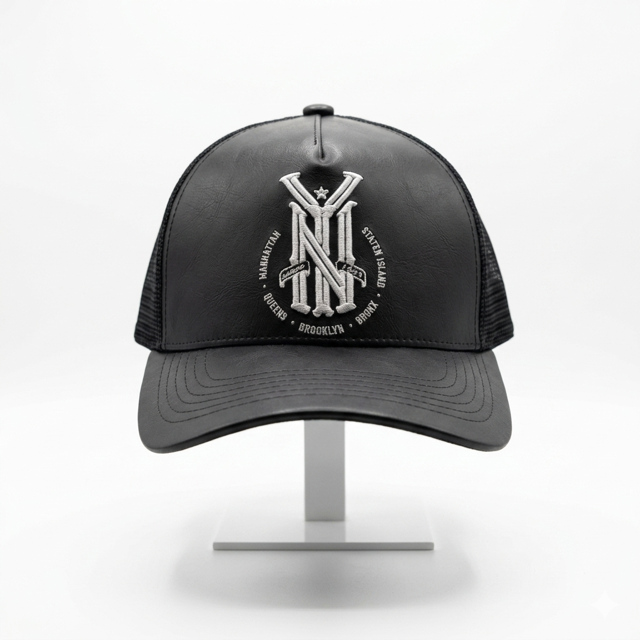 NY 5 Boroughs Black Vegan Leather Trucker Hat