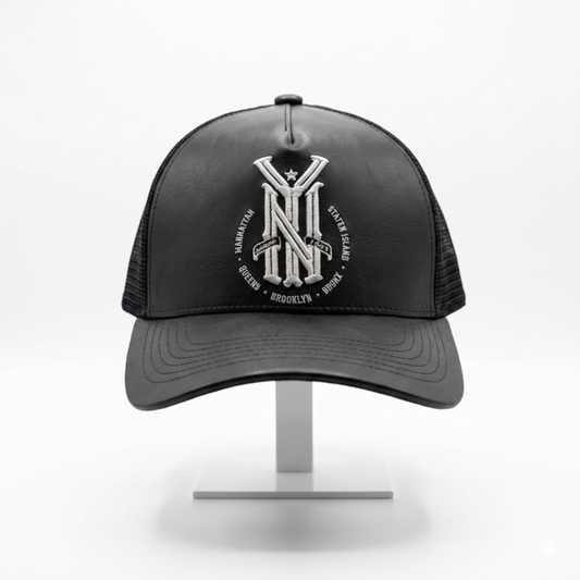 NY 5 Boroughs Black Vegan Leather Trucker Hat